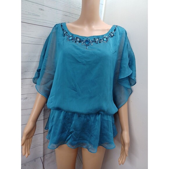 J. R. NITES Top Womens Blue Short Sleeve Chiffon Beaded Sequin Sz 16 - Picture 1 of 9